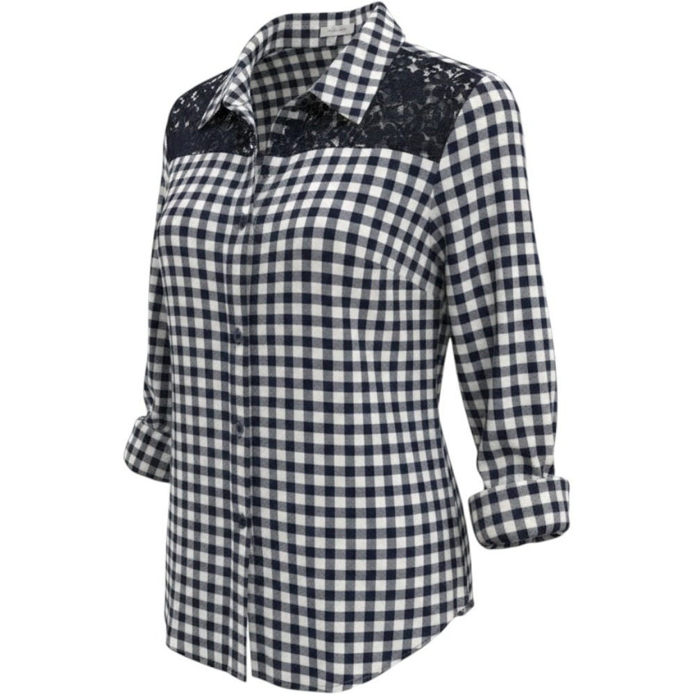 BonWorth Womens Navy Blue Gingham Lace Shoulder Roll Tab Sleeve Shirt Medium‎